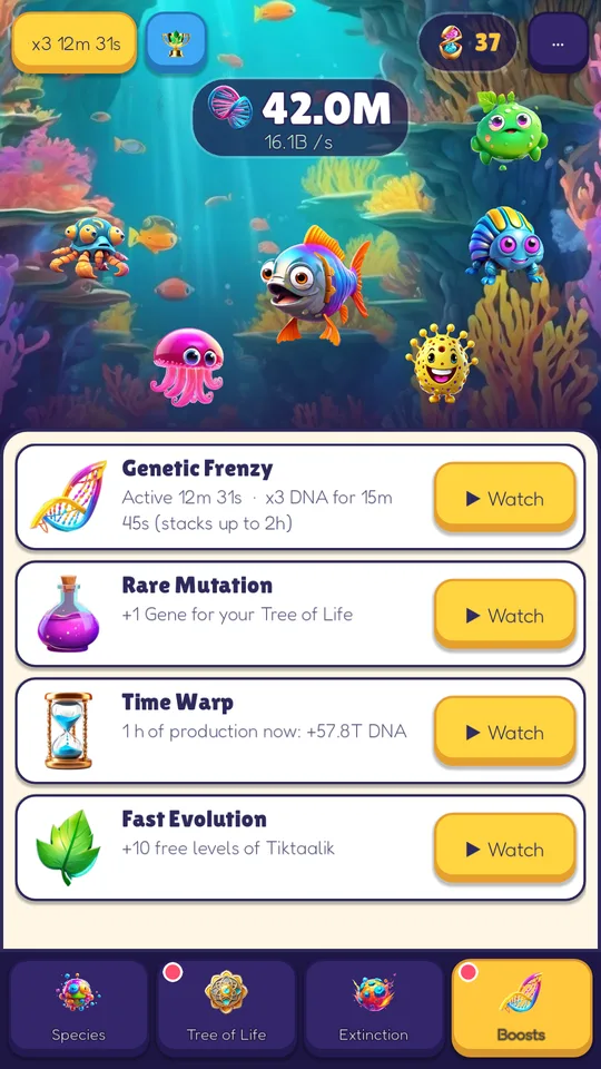 Boosts screen with optional rewarded ads